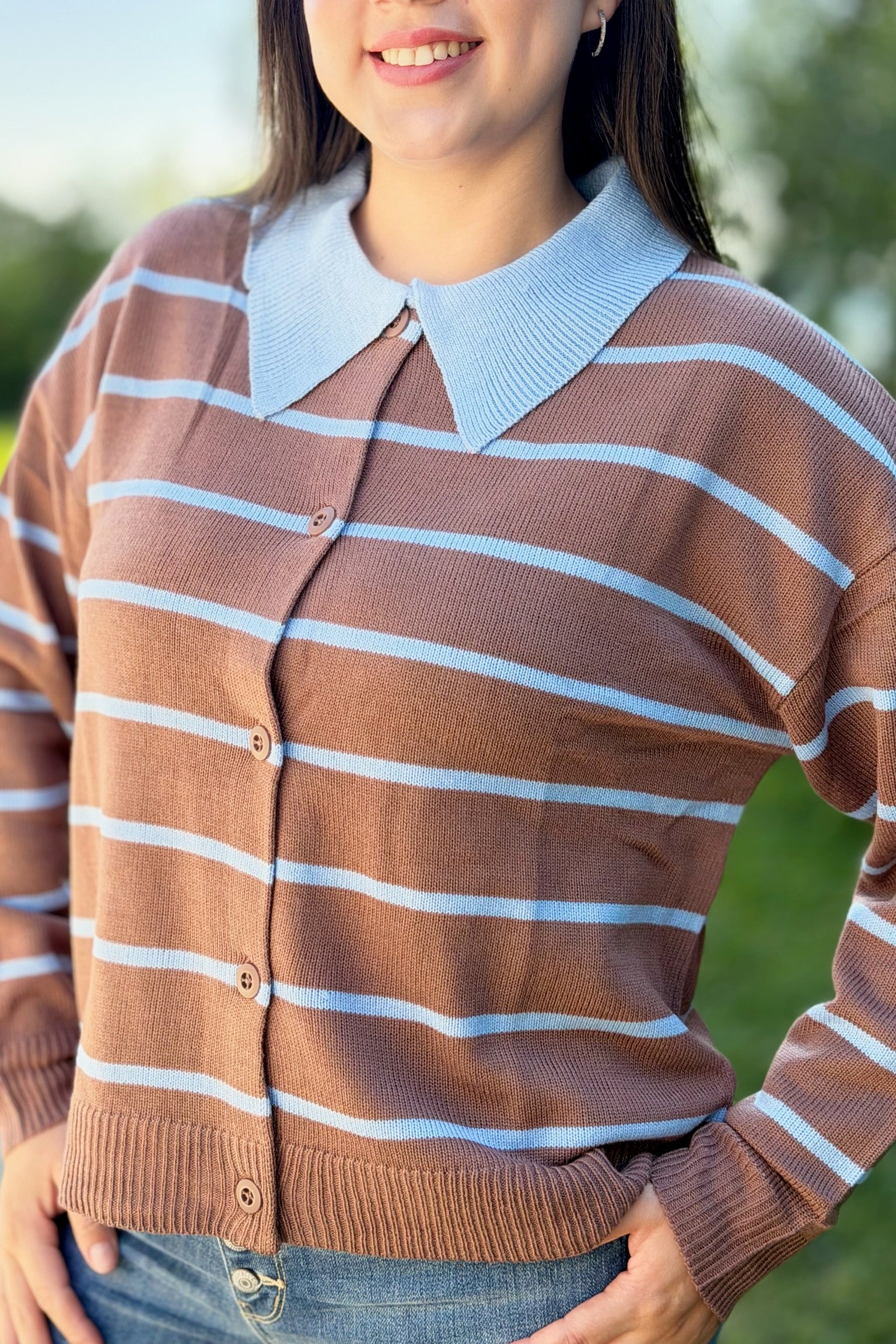 Button Down Striped Sweater - Mocha