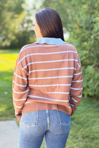 Button Down Striped Sweater - Mocha