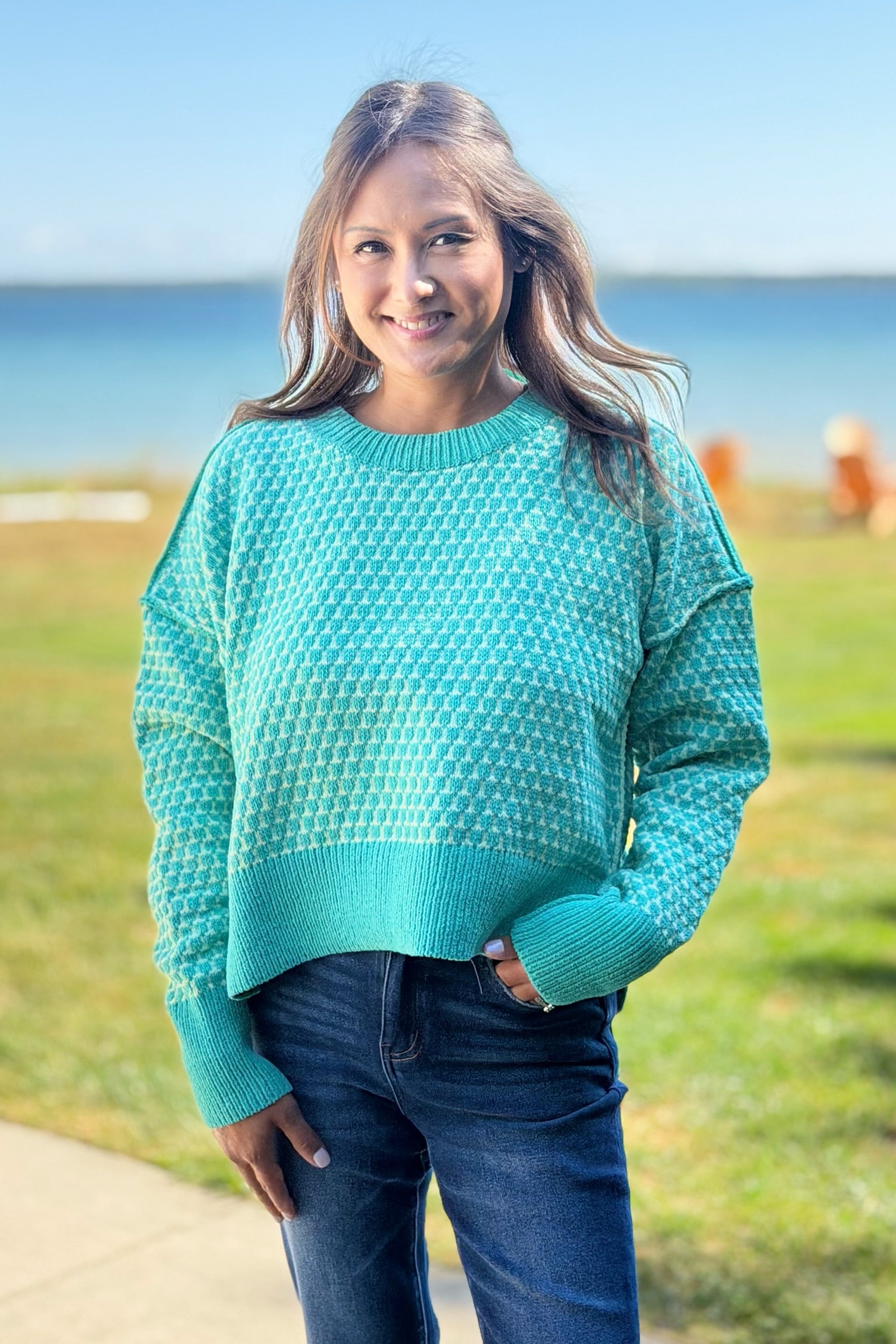 Geometric Check Sweater - Sea Foam