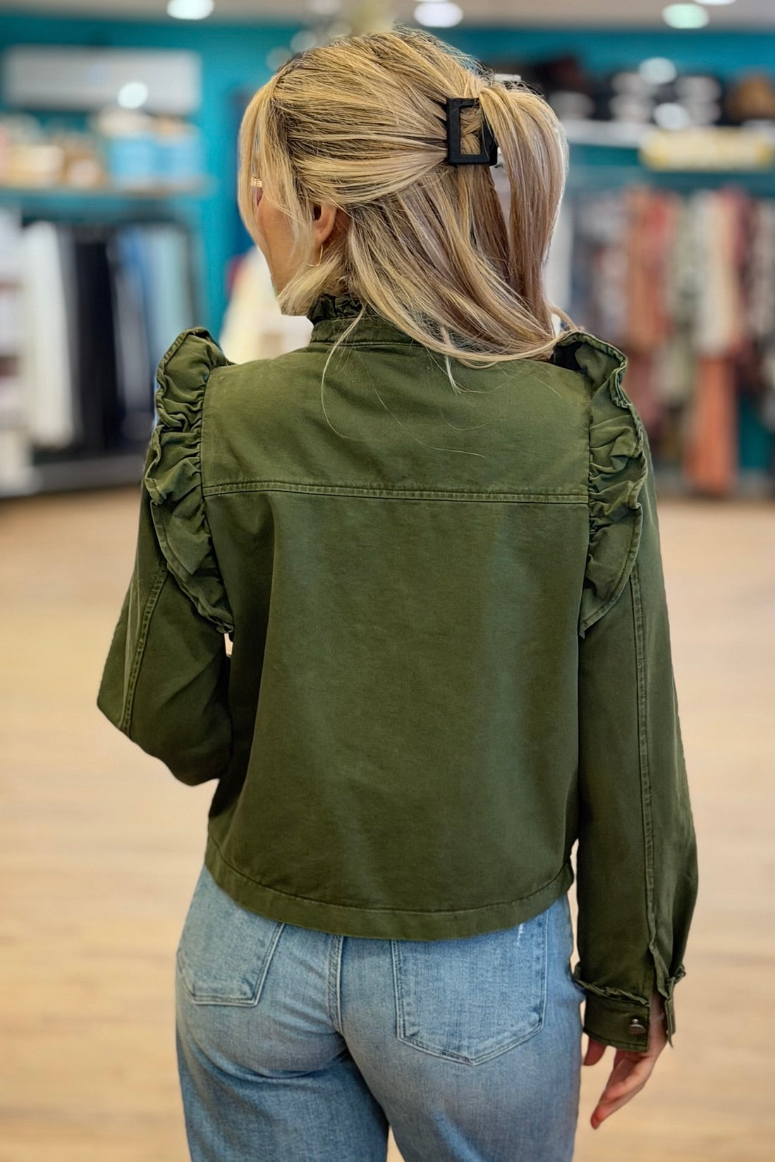 Ruffle Detail Jacket - Olive