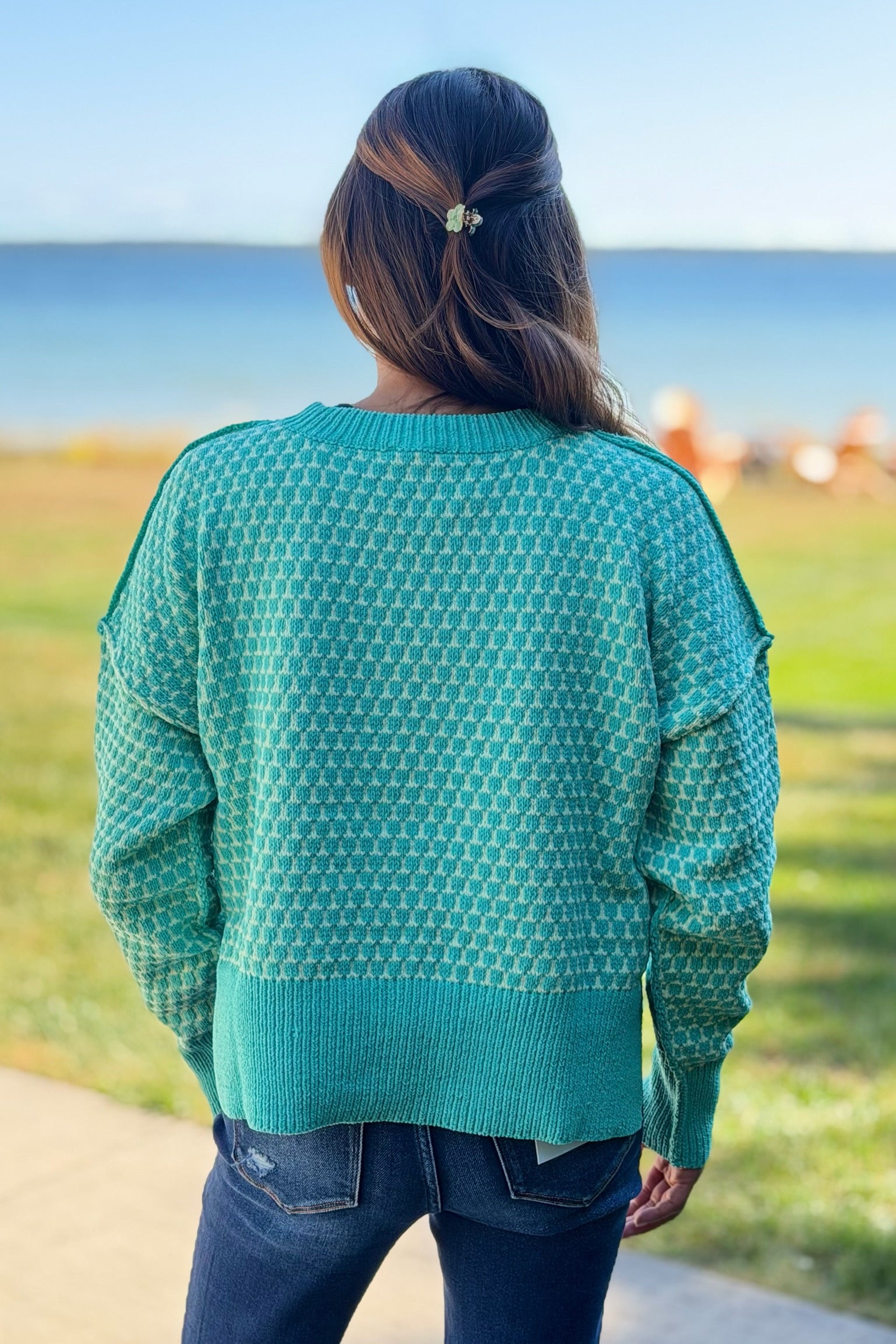 Geometric Check Sweater - Sea Foam