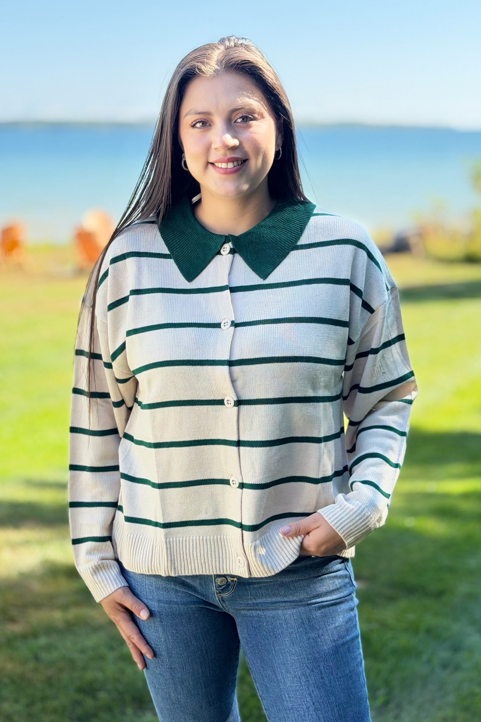 Button Down Striped Sweater - Green