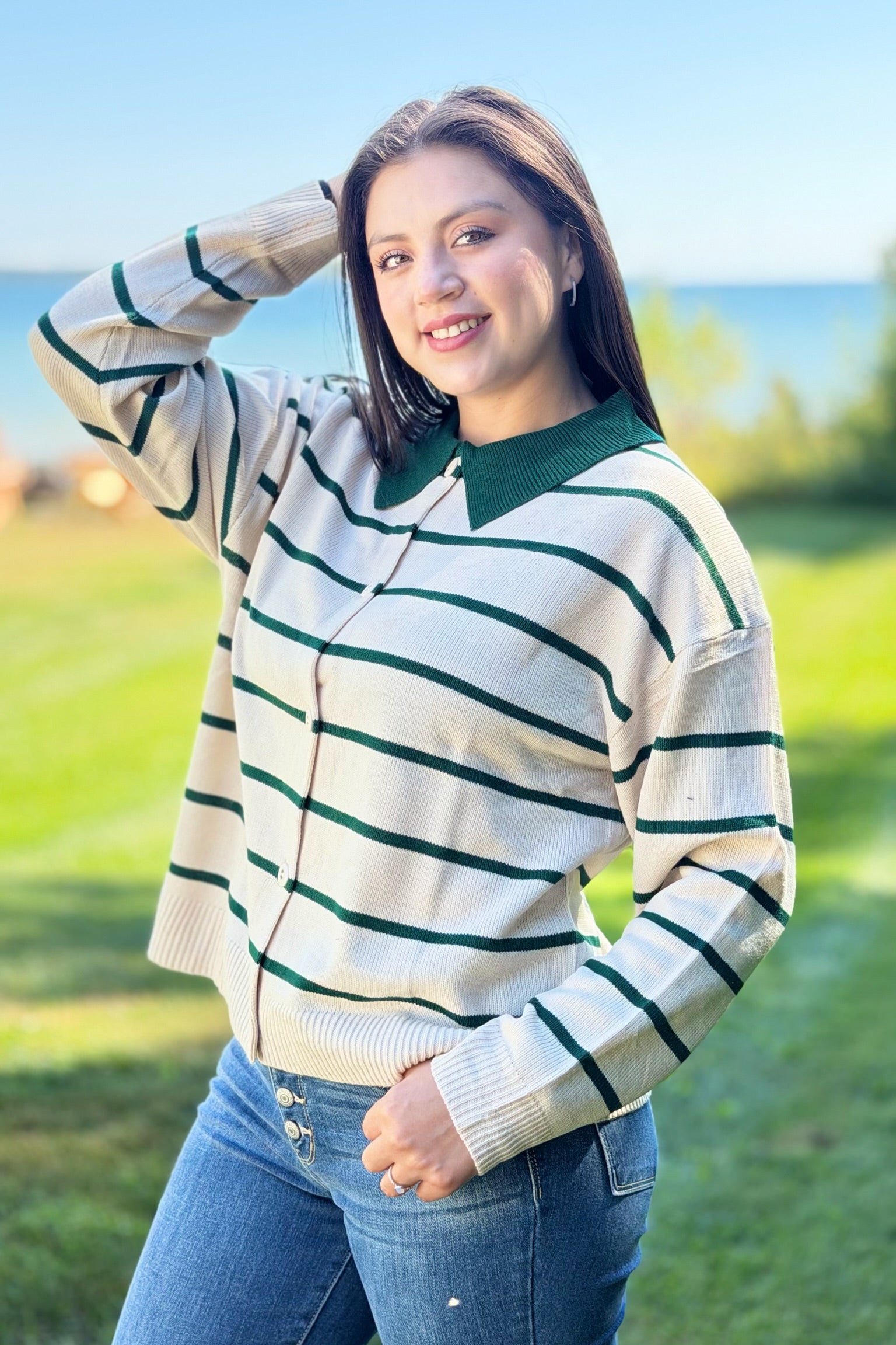Button Down Striped Sweater - Green