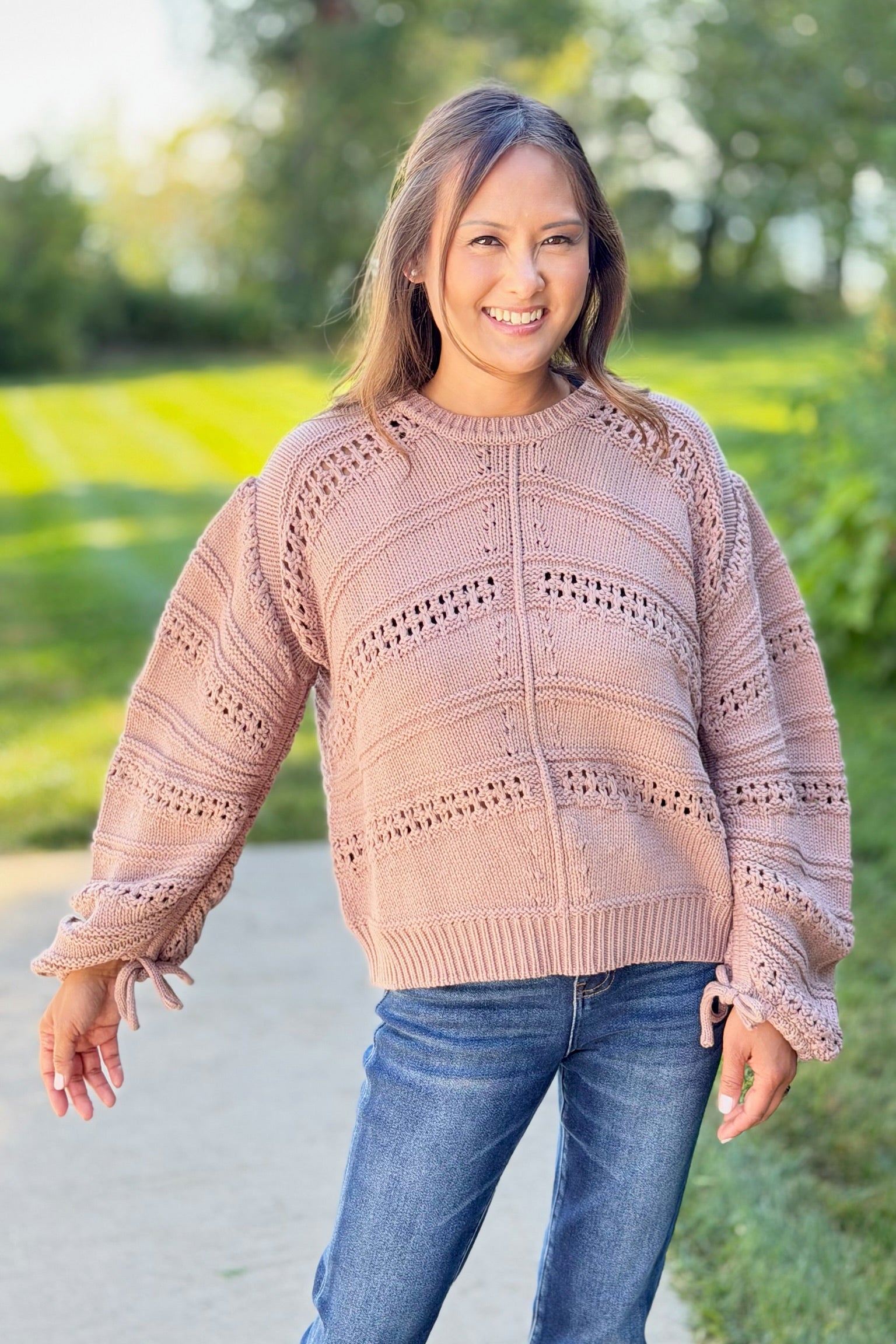 Open Knit Tie Sweater - Cinnamon