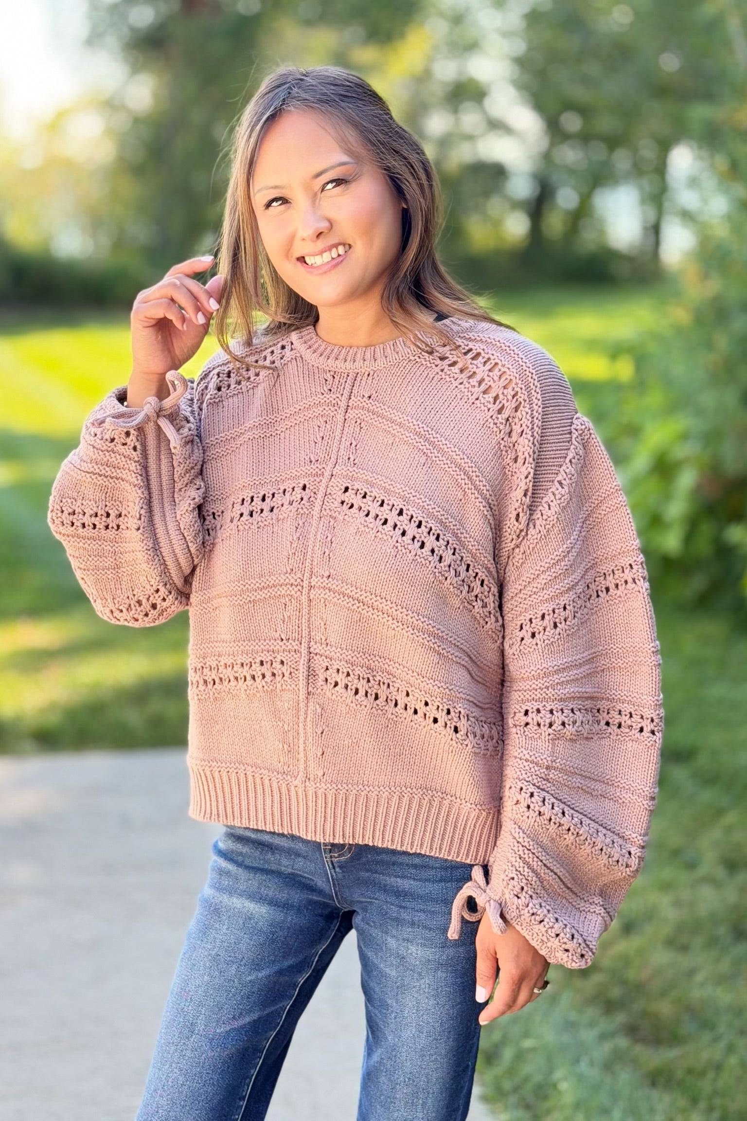 Open Knit Tie Sweater - Cinnamon