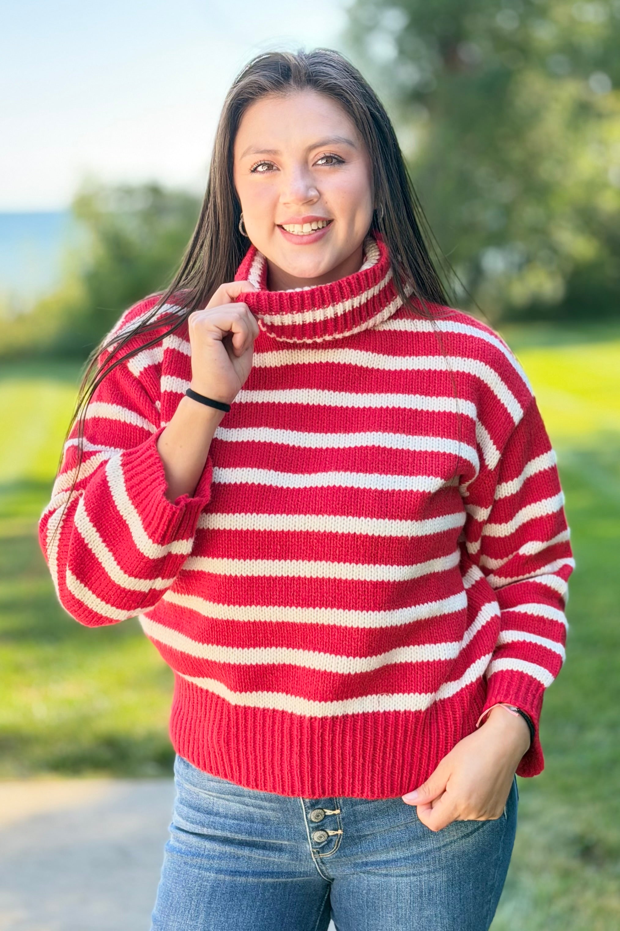Stripe Turtle Neck Sweater - Red
