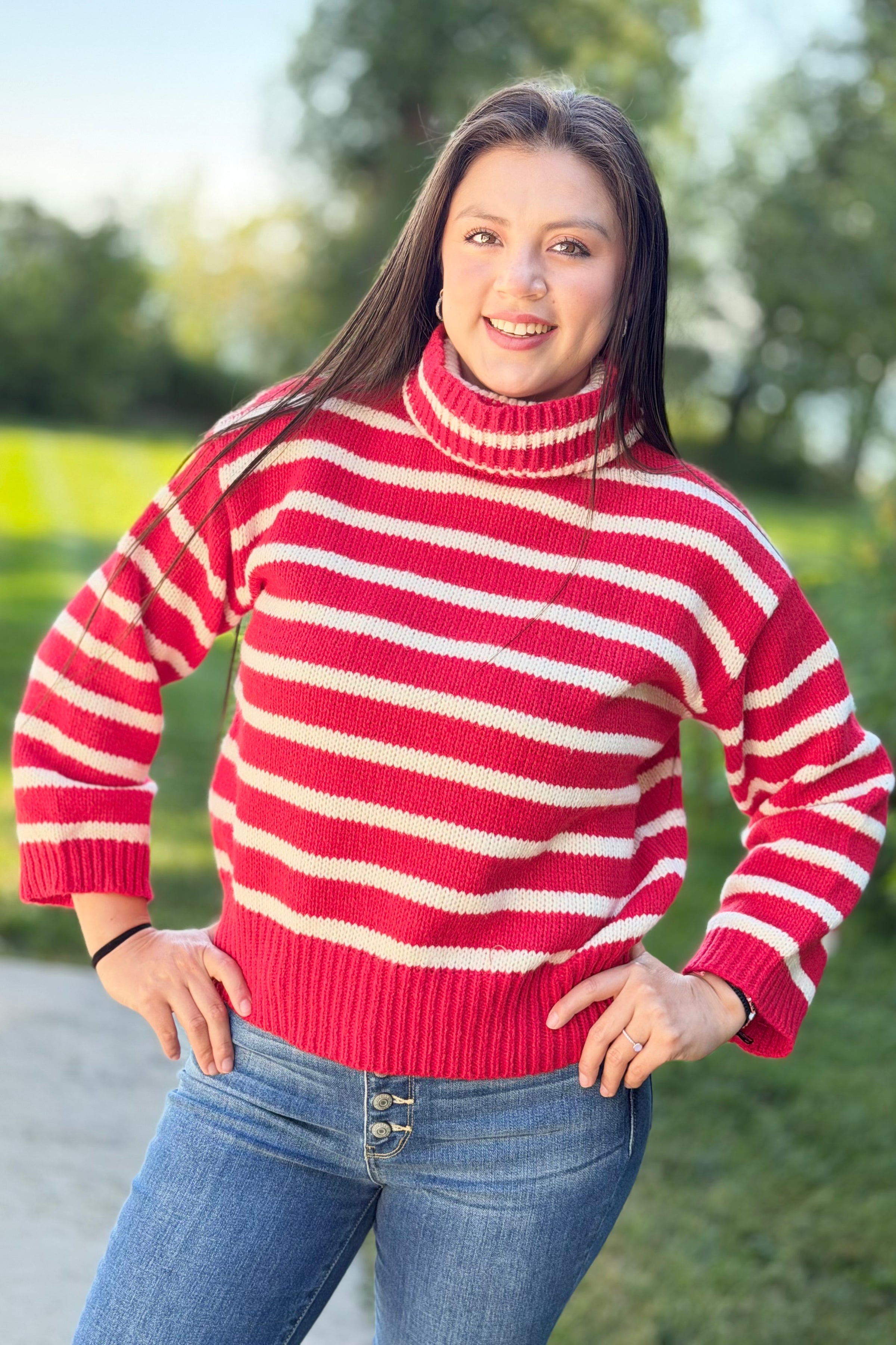 Stripe Turtle Neck Sweater - Red