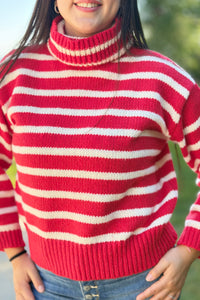 Stripe Turtle Neck Sweater - Red