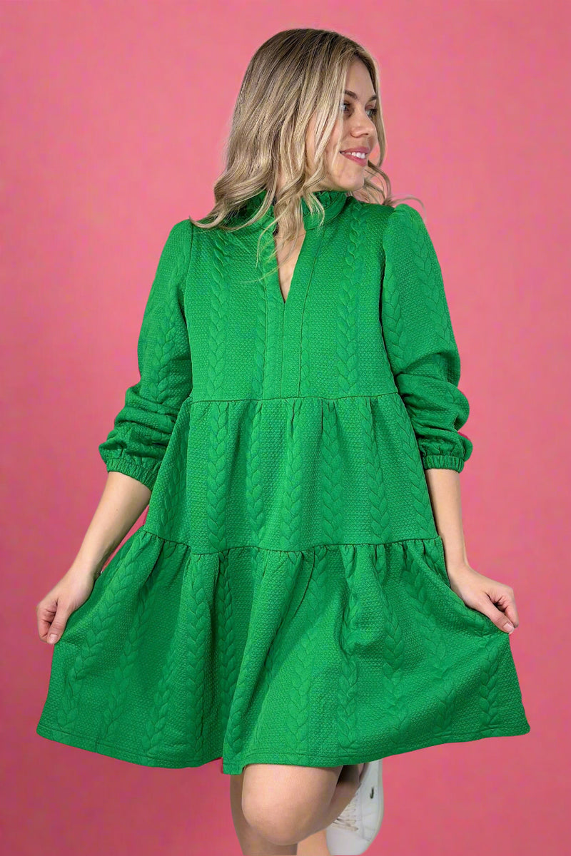 Ruffle Neck Tiered Dress Green