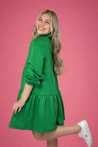 Ruffle Neck Tiered Dress Green