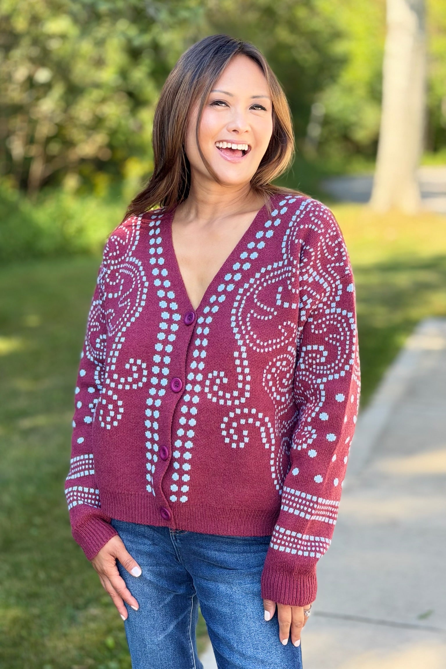 Dot Art Damask Cardigan - Plum