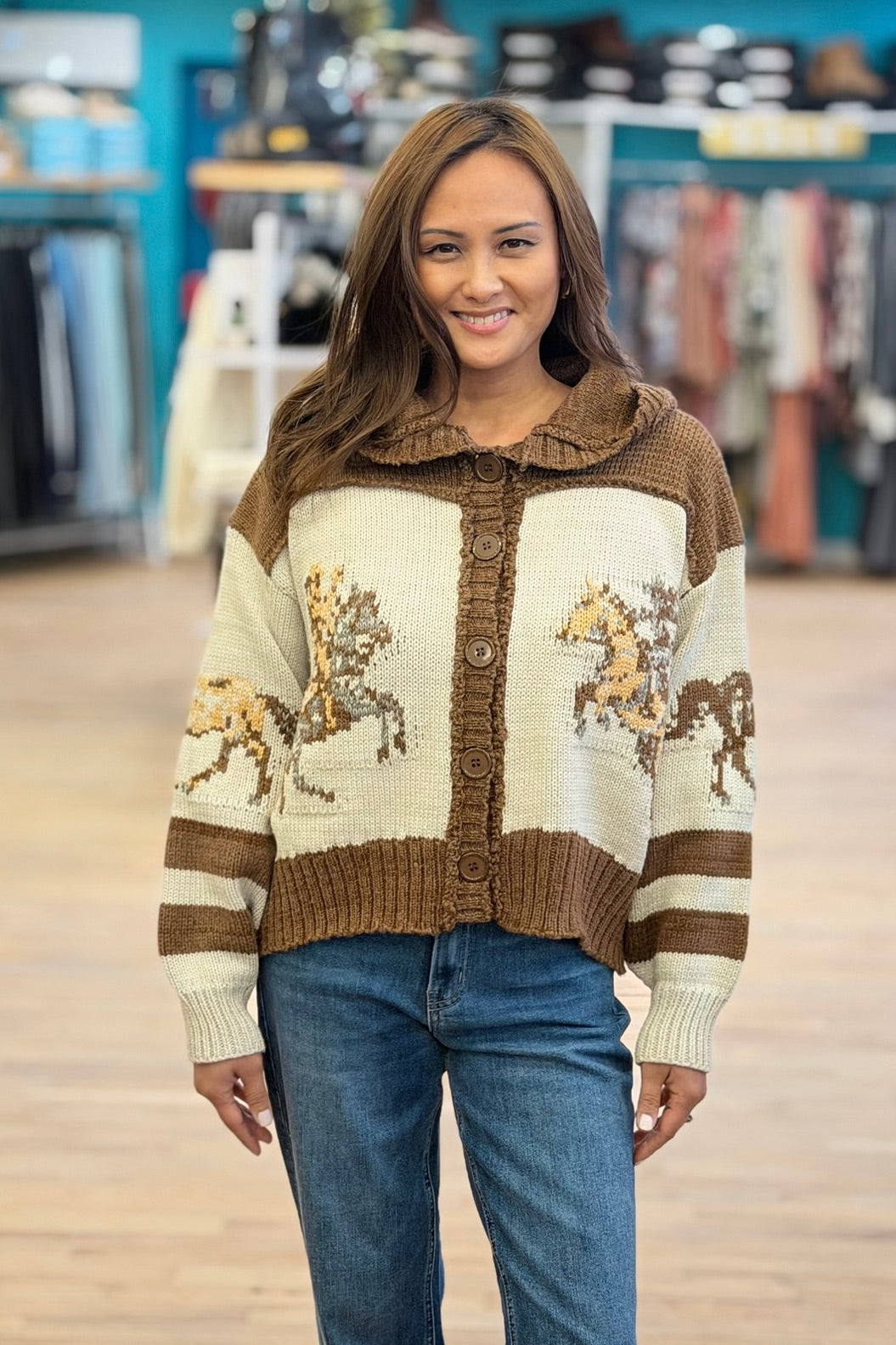 Cardigan With Horse Print - Mocha