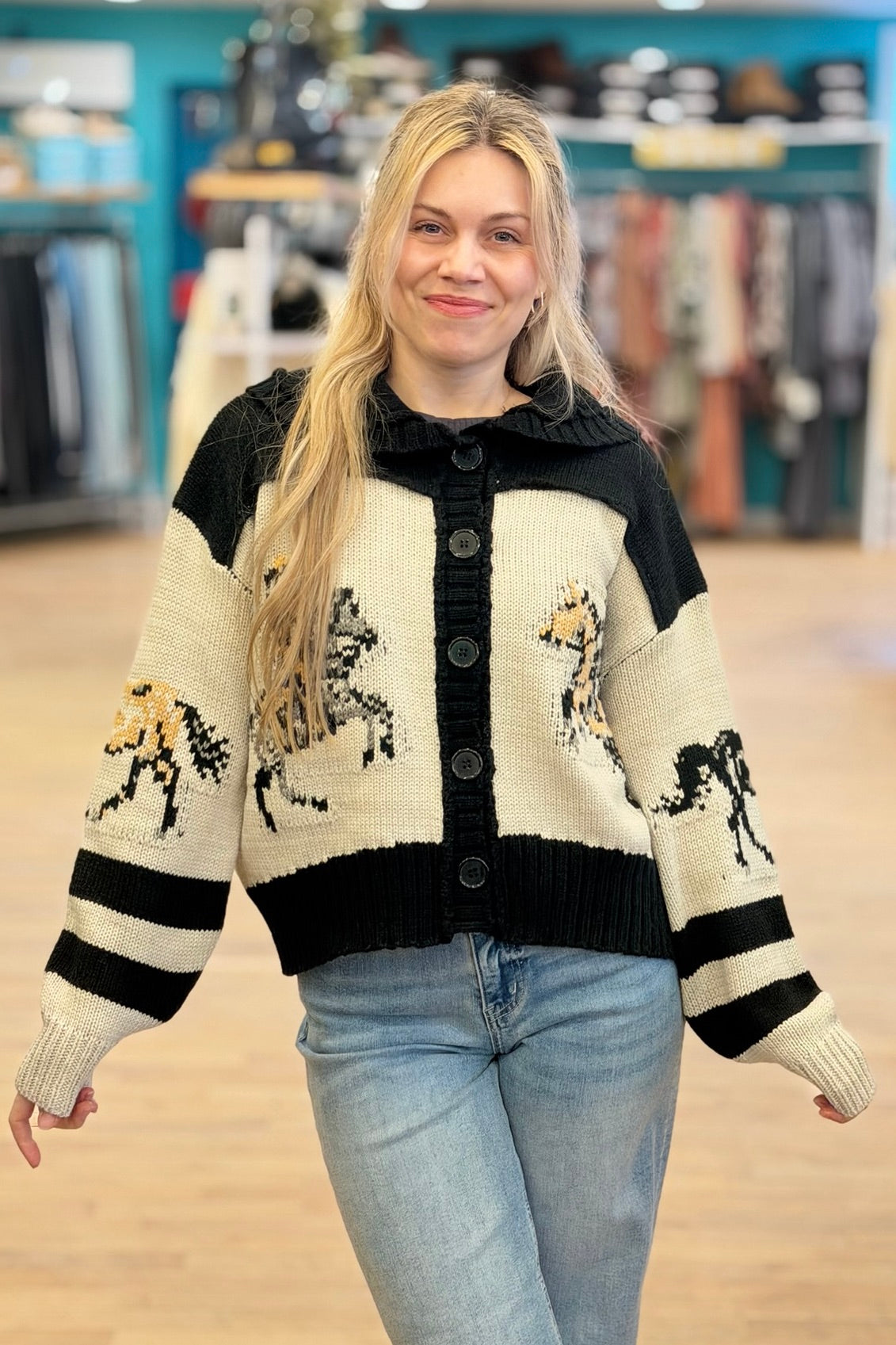 Cardigan With Horse Print - Black
