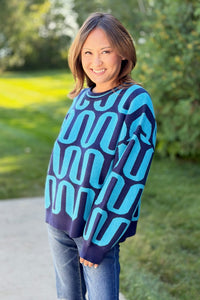 Abstract Intarsia Sweater - Blue