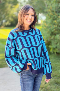 Abstract Intarsia Sweater - Blue