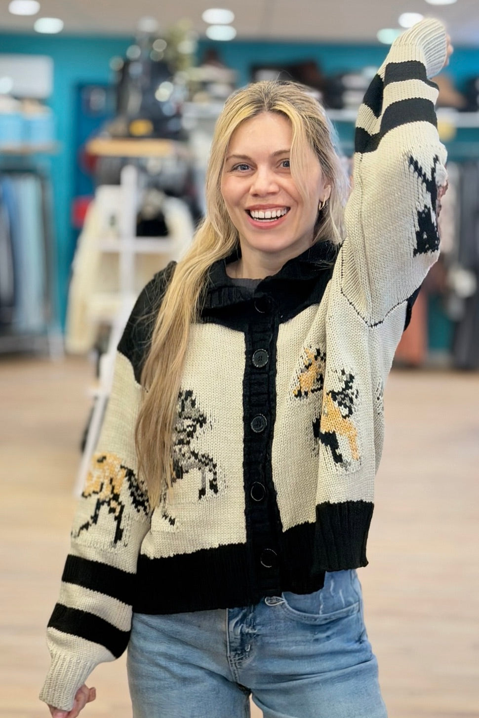 Cardigan With Horse Print - Black