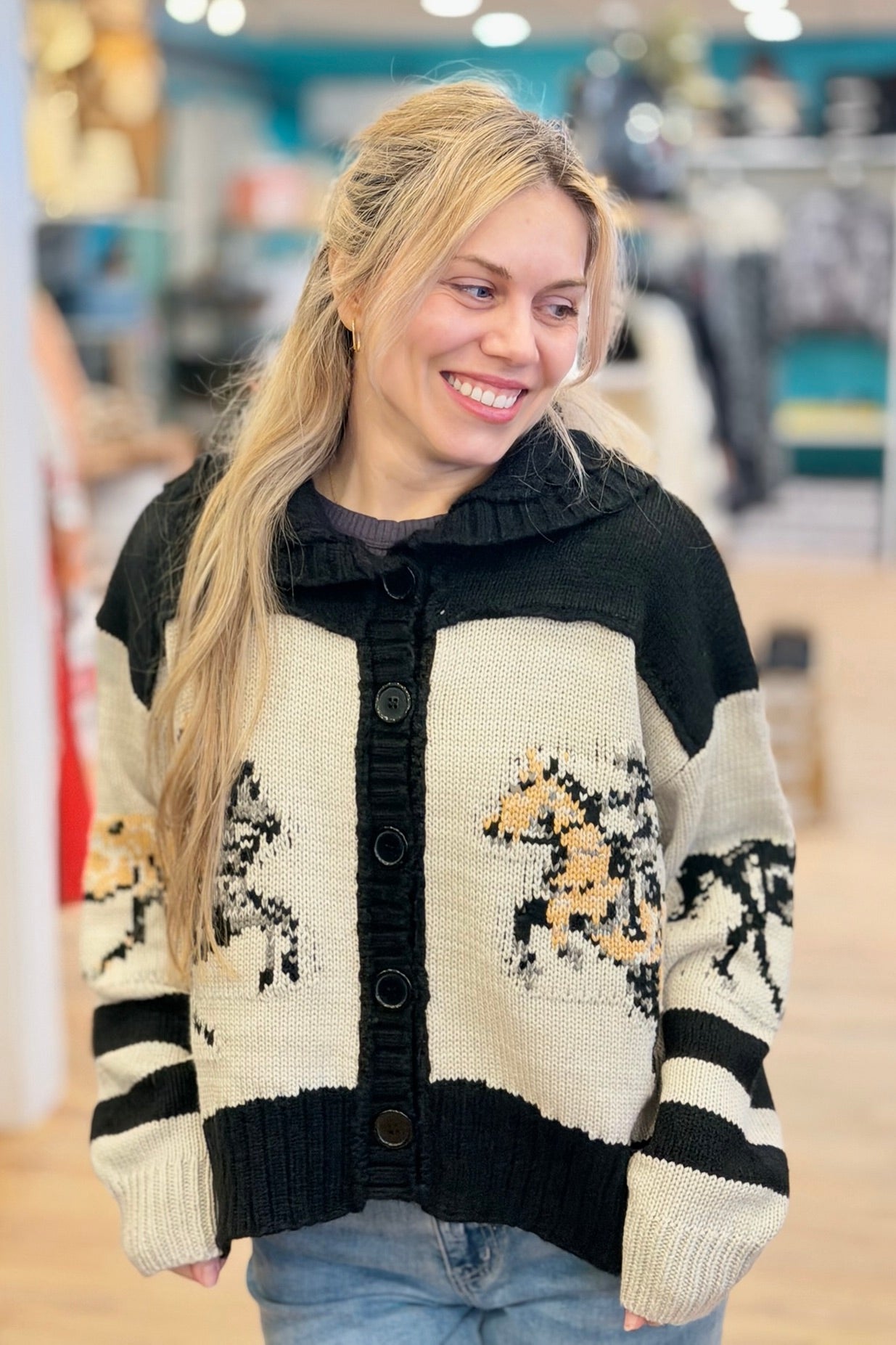 Cardigan With Horse Print - Black