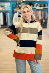 Striped Color Block Half Zipper Pullover
