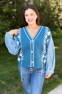 Diamond Knit Cardigan With Denim