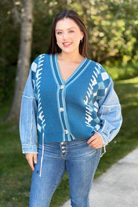 Diamond Knit Cardigan With Denim