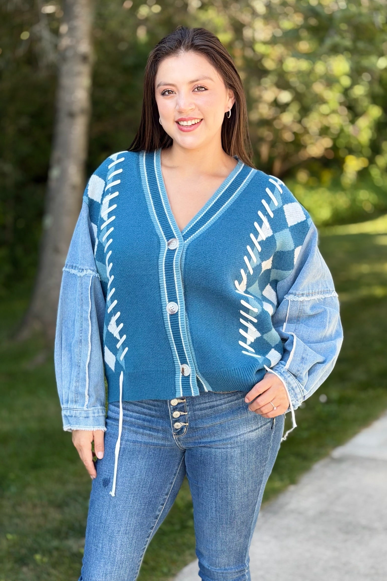Diamond Knit Cardigan With Denim