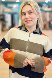 Striped Color Block Half Zipper Pullover