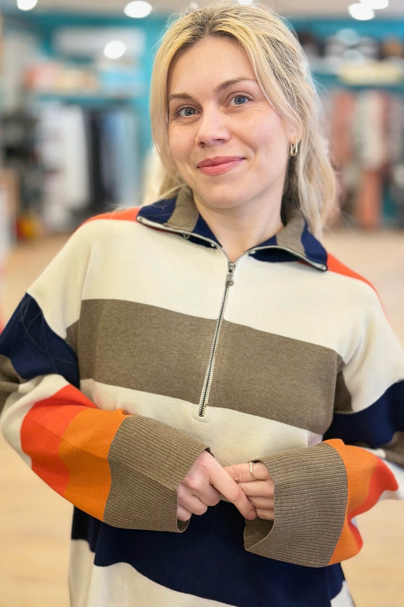 Striped Color Block Half Zipper Pullover