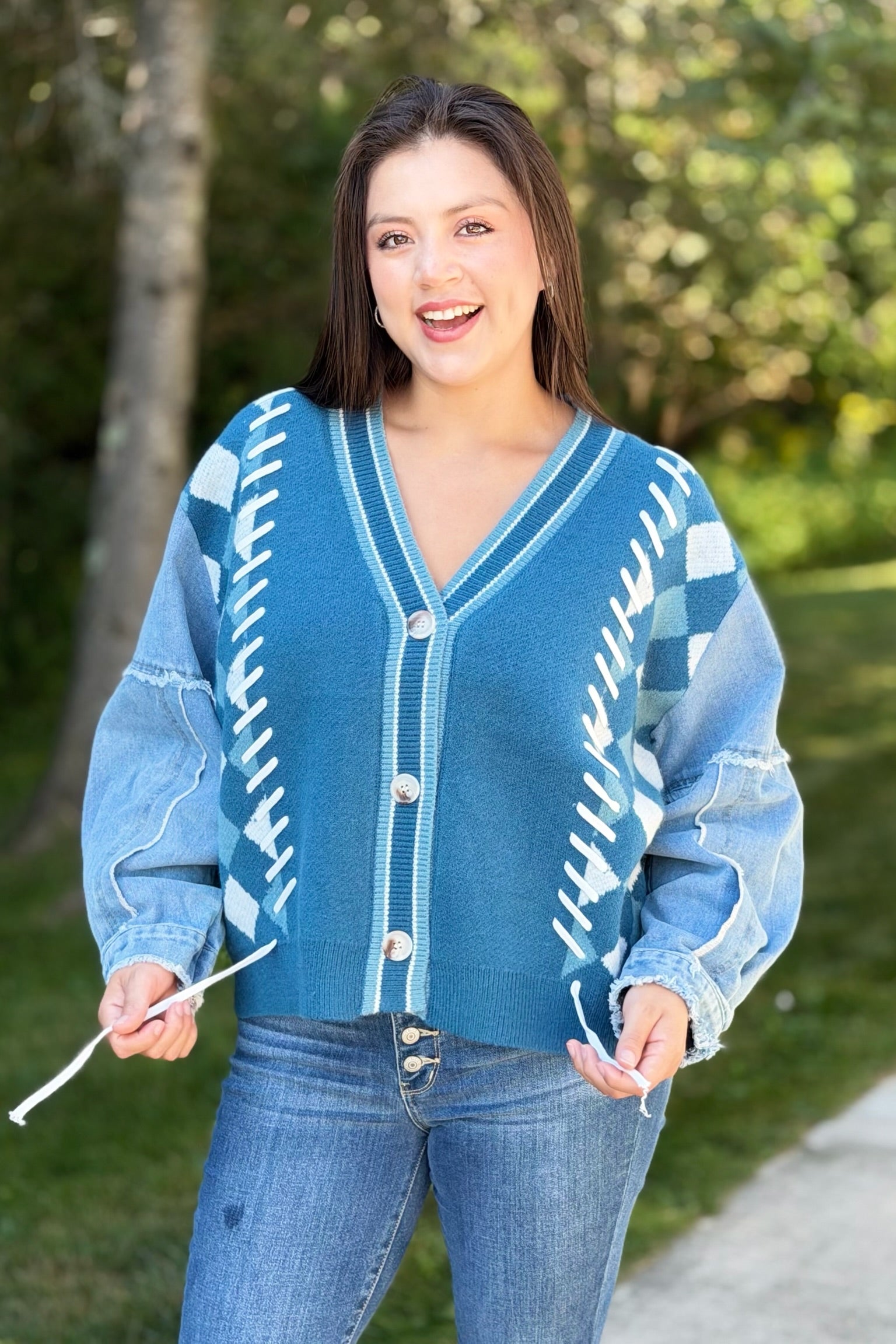Diamond Knit Cardigan With Denim