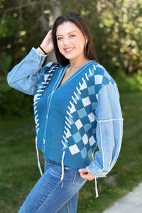 Diamond Knit Cardigan With Denim