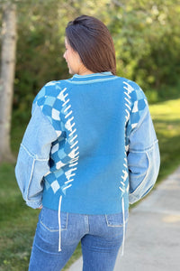 Diamond Knit Cardigan With Denim