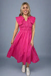 Collared Smocked Midi Dress - Hot Pink