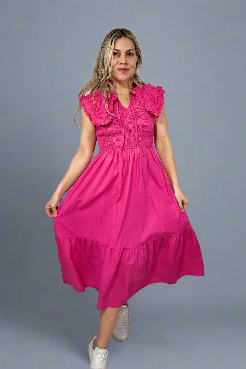Collared Smocked Midi Dress - Hot Pink