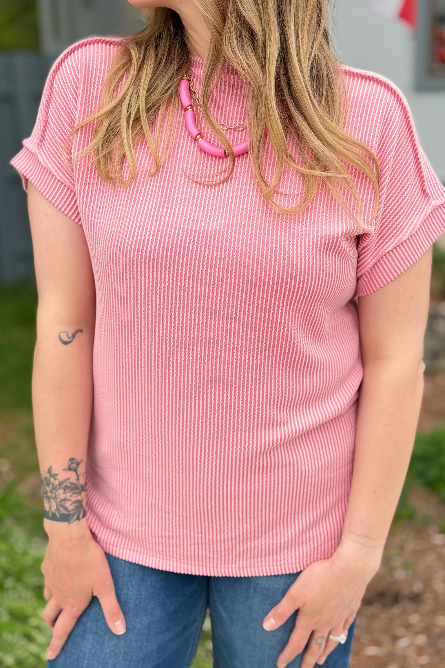 Textured Short Sleeve Top - Pink