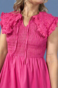 Collared Smocked Midi Dress - Hot Pink