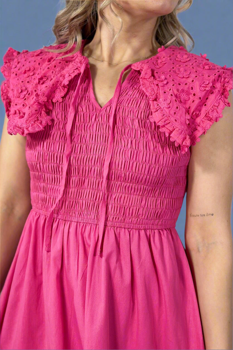Collared Smocked Midi Dress - Hot Pink