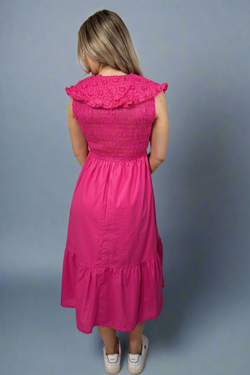 Collared Smocked Midi Dress - Hot Pink