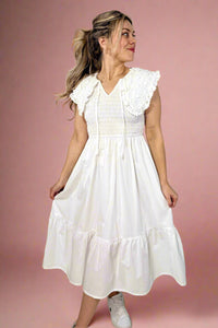 Collared Smocked Midi Dress - Off White
