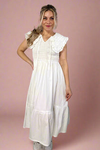 Collared Smocked Midi Dress - Off White