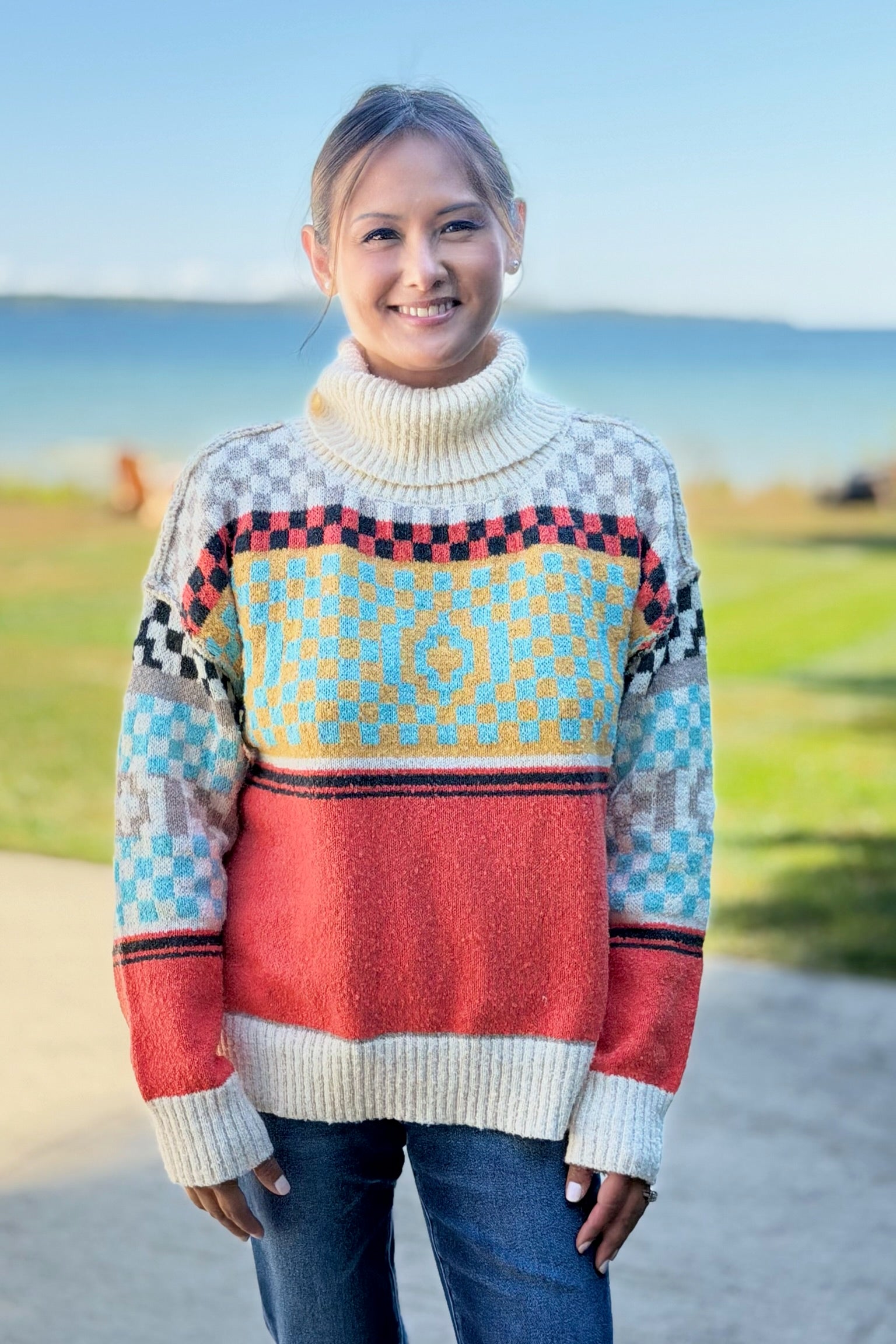 Checkerboard Turtle Neck Sweater