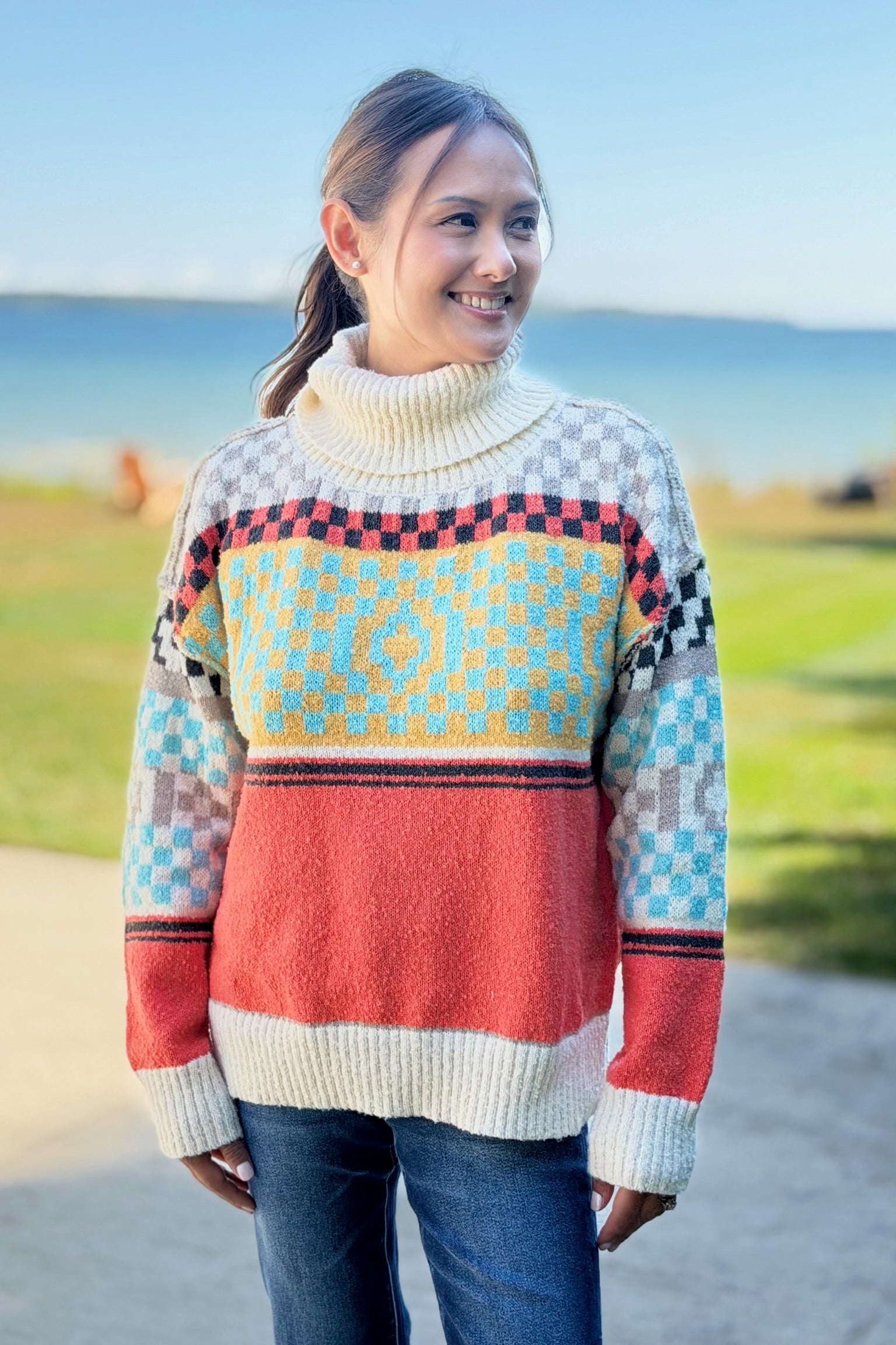 Checkerboard Turtle Neck Sweater