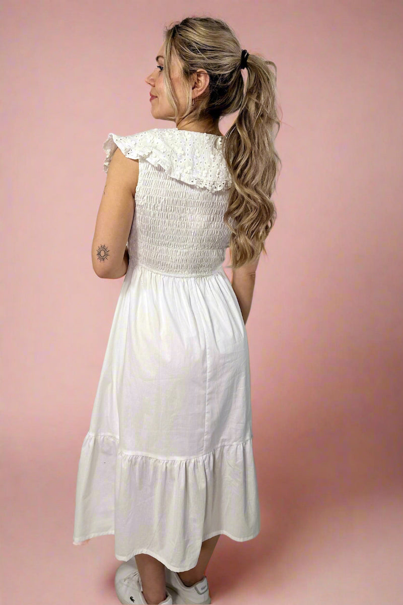 Collared Smocked Midi Dress - Off White