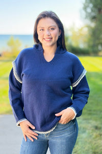 Contrast Knit Hoodie Sweater - Navy