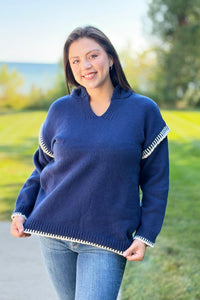 Contrast Knit Hoodie Sweater - Navy