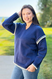 Contrast Knit Hoodie Sweater - Navy