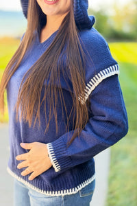 Contrast Knit Hoodie Sweater - Navy