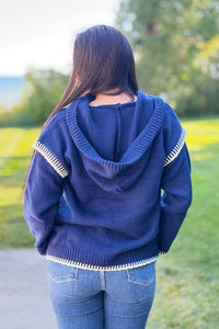 Contrast Knit Hoodie Sweater - Navy