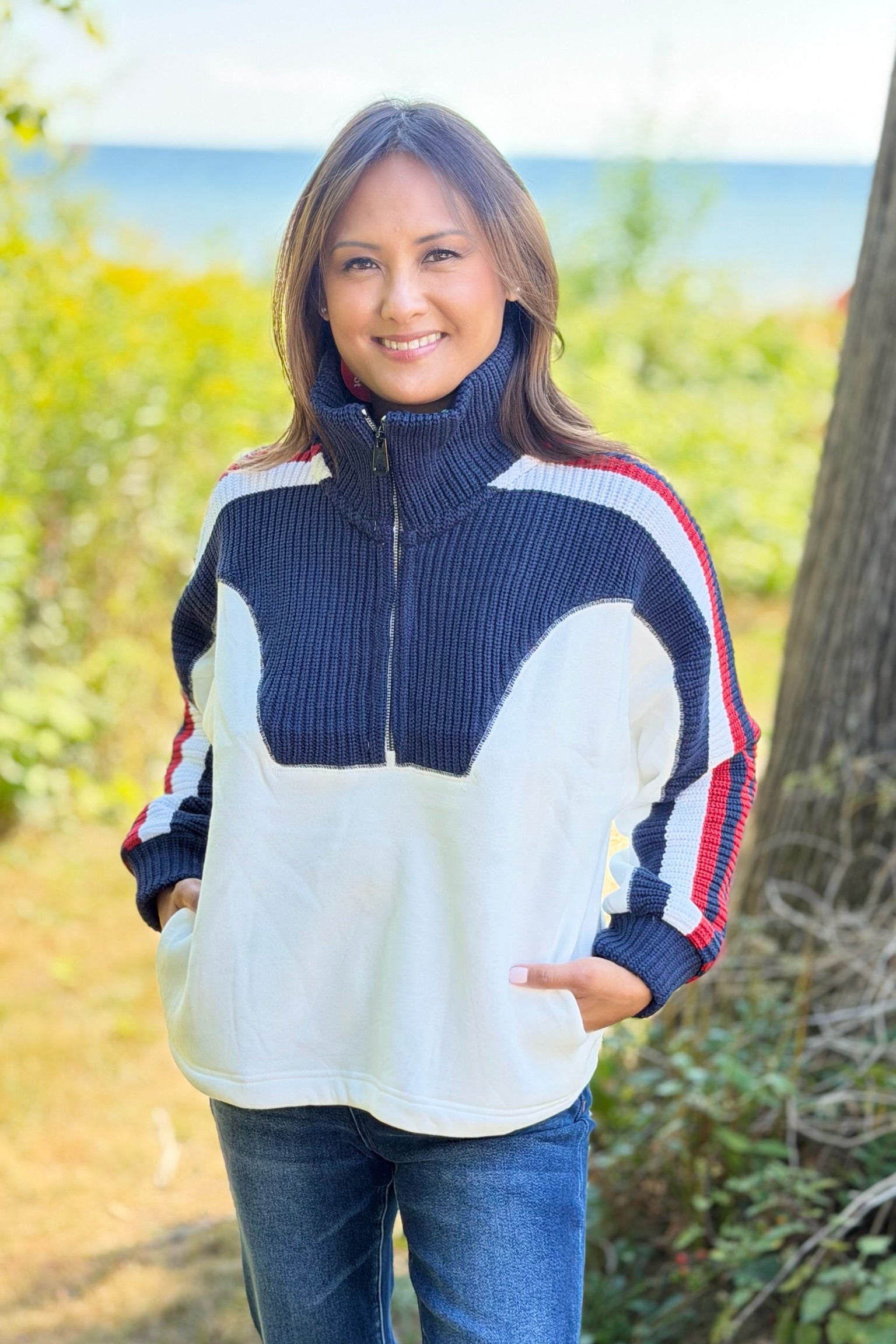 Varsity Stripe Half Zip Sweater
