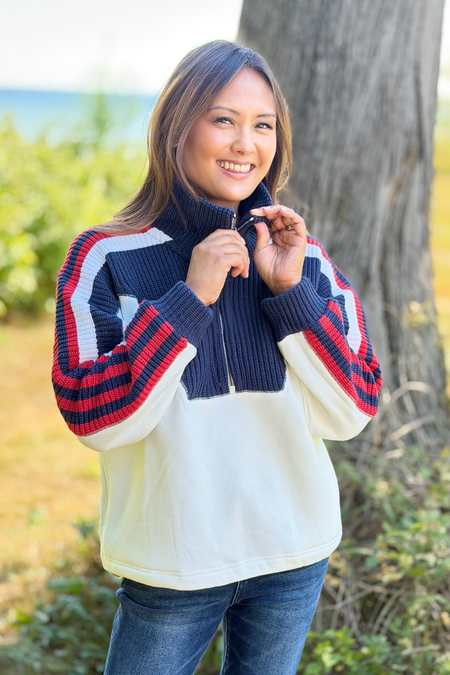 Varsity Stripe Half Zip Sweater