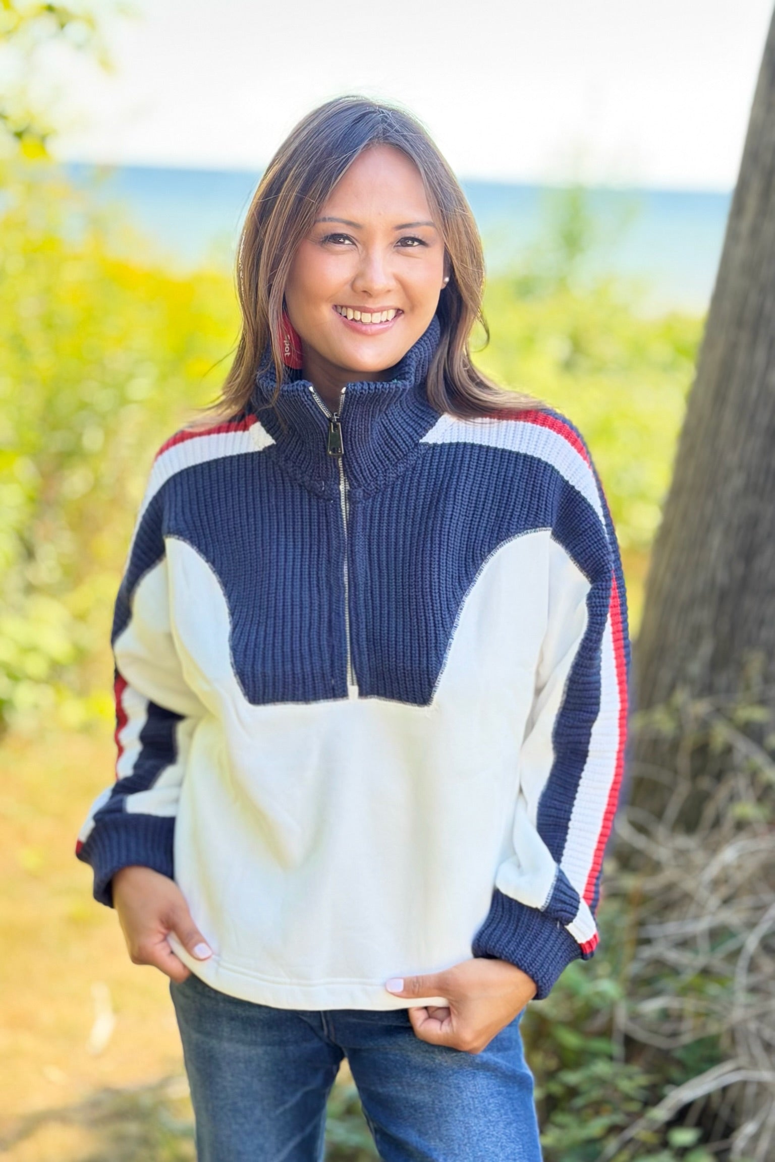 Varsity Stripe Half Zip Sweater