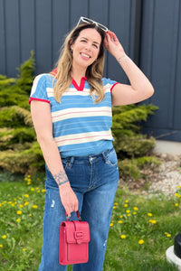 Striped Polo-Style Top Contrast Collar